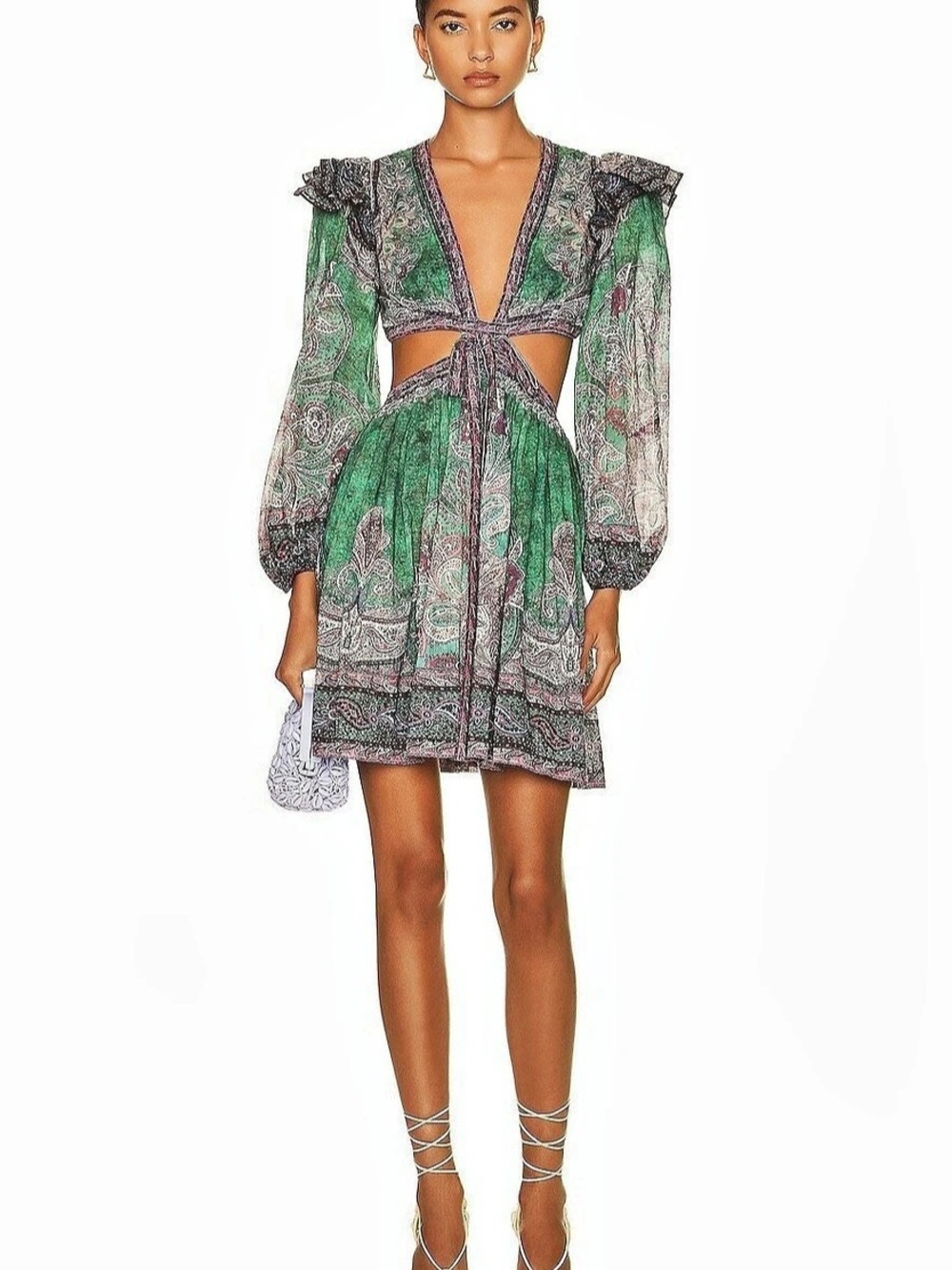 Zimmermann Anneke Ruffle Mini Dress Paisley Green & Purple Size 1